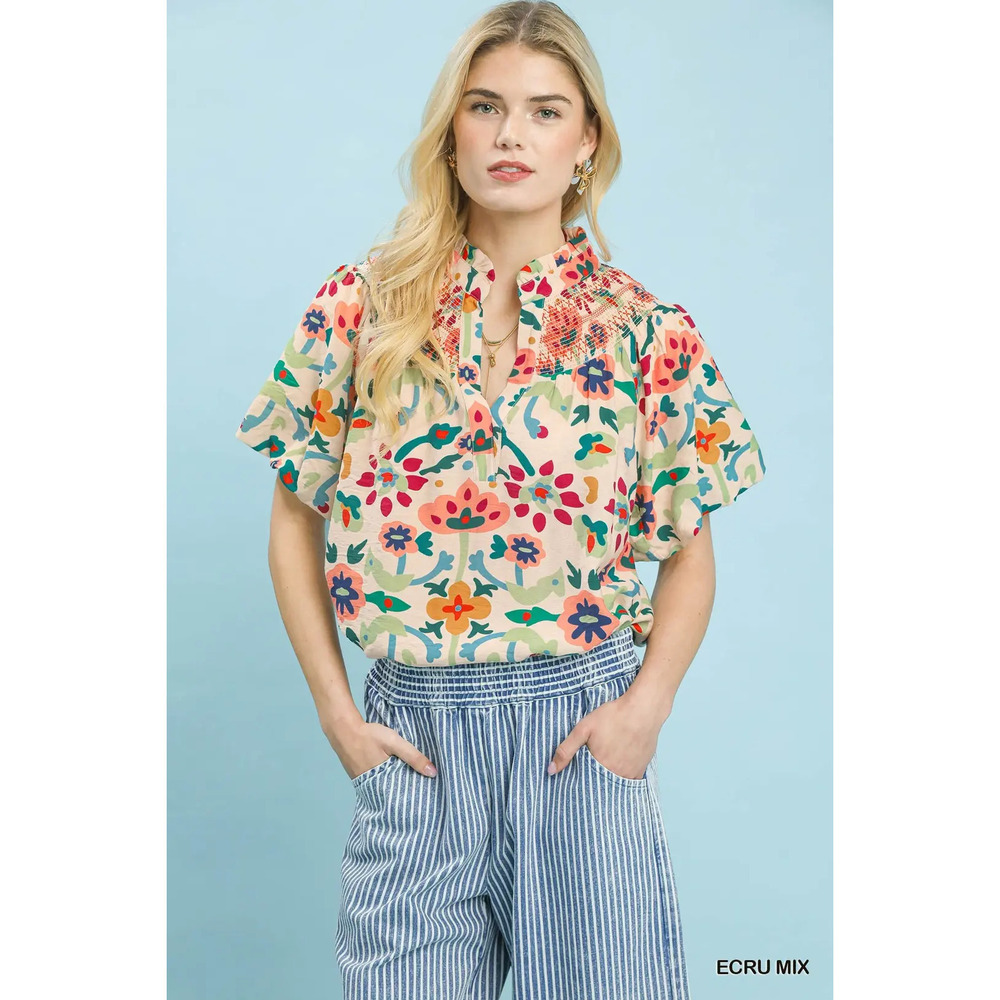 Umgee Folk Art Print Top with Smocked Detail - Picture 2 of 5